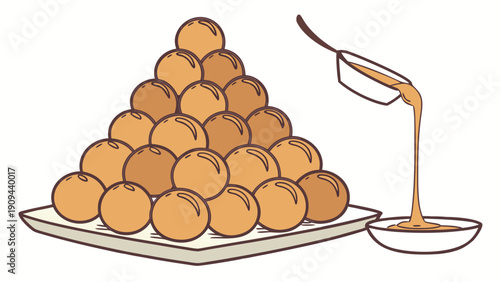 A vector graphic illustration of a pyramid of balls on a plate with sauce being poured over them