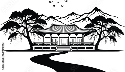 Traditional Korean temple pavilion with oriental pine trees and mountain landscape background black and white cad drawing flat vector illustration,