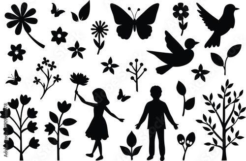 Silhouettes of nature and people isolated on transparent background, Vector, illustration