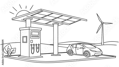 Electric car charging at a solar powered station with wind turbine.