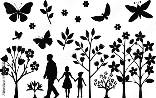 Family silhouette with butterflies and trees isolated on transparent background, Vector, illustration