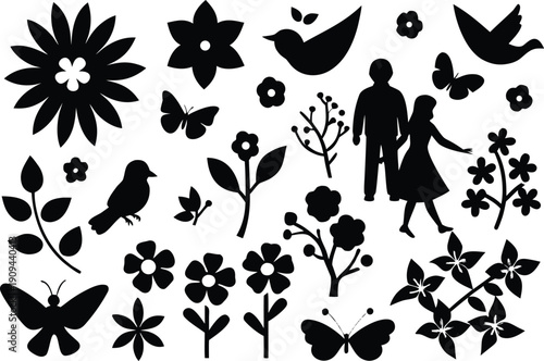Silhouette of couple walking in nature isolated on transparent background, Vector, illustration