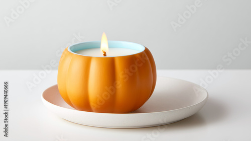 Minimal Pumpkin Candle on White Plate Background for Autumn and Halloween Design