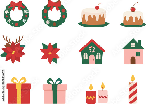 Christmas icon grid, festive decorations, wreaths, cakes, poinsettia, candles, gift boxes, holiday houses, winter celebration, white background design