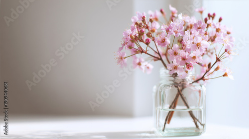 Spring Wildflowers in Glass Jar on Light Background for Minimal Floral Design