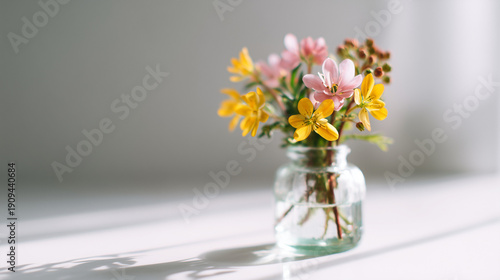 Spring Wildflowers in Glass Jar on Light Background for Minimal Floral Design