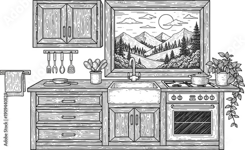 Black and white line of a rustic kitchen with a mountain view through the window wood line vintage