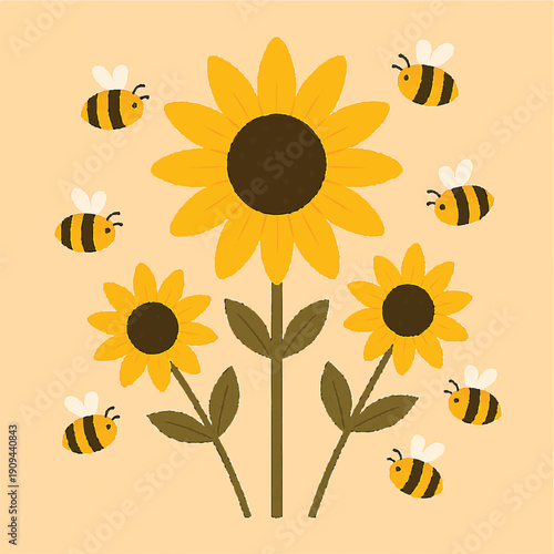 vector illustration of sunflower with bees