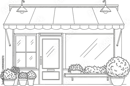 Black and white line of a shop storefront with potted plants and awning building exterior entrance