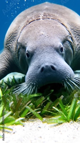A large marine mammal with prominent whiskers grazes on green seagrass