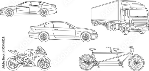 Black and white line of vehicles including cars truck motorcycle and bicycle line black and white