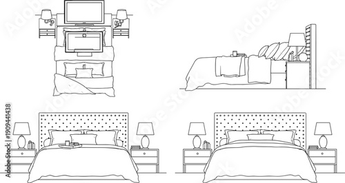 Black and white line of bedroom furniture layouts nightstand lamp dresser