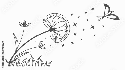 Black and white dandelion illustration with butterfly and stars.