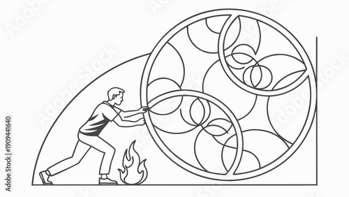 Man pushing a large wheel with intricate design.