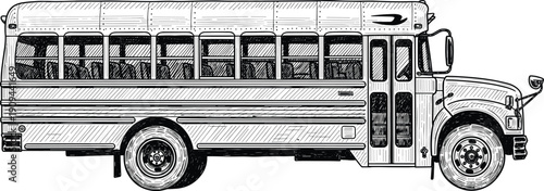 Black and white of a school bus interior and exterior view vehicle transportation