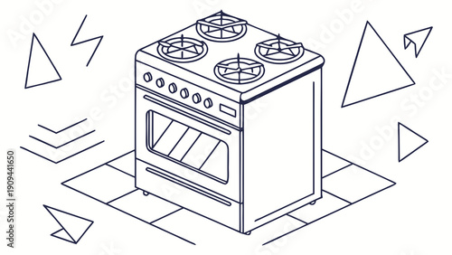 Simple line drawing of an electric stove with abstract shapes around it.