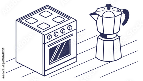 Simple line drawing of a kitchen stove and coffee maker.