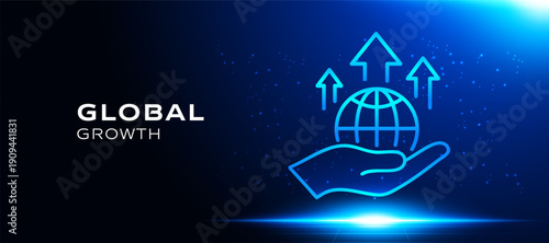 Global business growth technology concept with digital globe and rising arrows, innovation future. Blue futuristic vector background for corporate expansion and success. banner