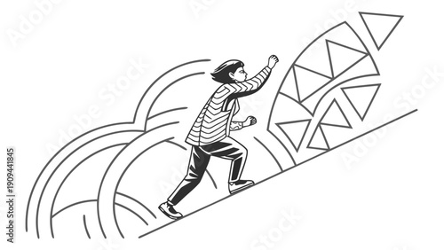 Man climbing a steep slope with abstract geometric shapes.