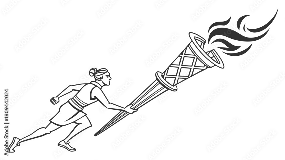 Obraz premium Black and white illustration of a runner carrying a lit torch.