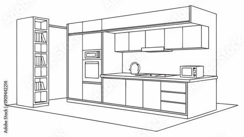 Modern kitchen interior design with sleek cabinets and appliances.