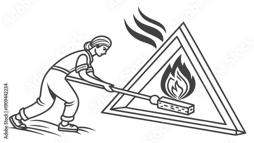 Man pushing a burning log inside a triangular frame.