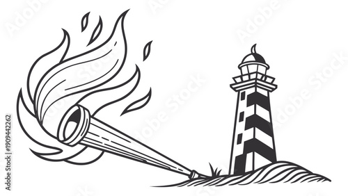 Black and white illustration of a lighthouse emitting a beam of light.