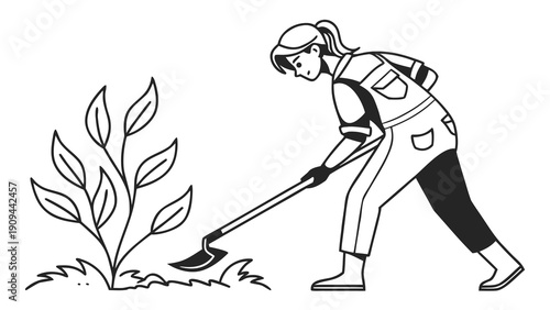 Woman Gardening with a Shovel in the Yard.