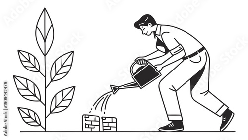 Man watering a plant with a watering can in a simple line art illustration.