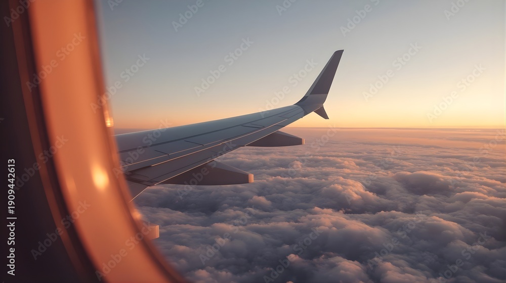Obraz premium Aerial view of an airplane wing above the clouds during sunrise, viewed from the aircraft window, capturing the serene atmosphere and vast sky.