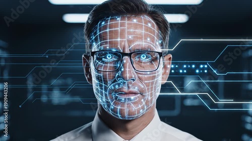 Caucasian man with glasses undergoes facial recognition technology analysis in a dark server room with glowing digital interfaces and data streams. scanning security, face recognition