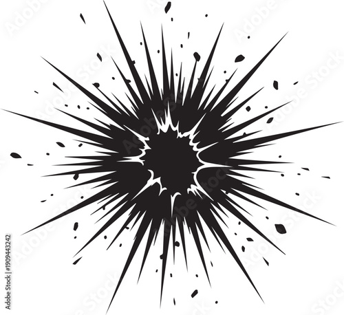 Dynamic comic book style explosion graphic featuring sharp radiating lines and scattered fragments
