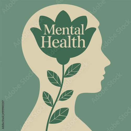 Silhouette of human head with brain shaped flower vector illustration expressing mental health concept psychological therapy treatment and World Mental Health Day awareness theme