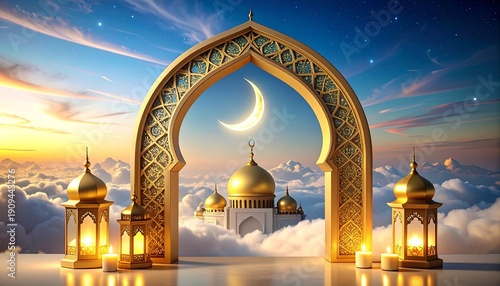 Golden Islamic arch with crescent moon, mosque dome, ornate lanterns, glowing candles, serene clouds, spiritual Ramadan Eid celebration atmosphere.