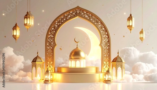 Golden Islamic arch with crescent moon, mosque dome, ornate lanterns, glowing candles, serene clouds, spiritual Ramadan Eid celebration atmosphere.
