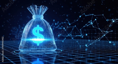 Digitally rendered in glowing blue, this futuristic wireframe money bag symbolizes secure financial growth within a dark abstract data network.