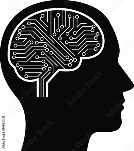 “Profile silhouette of human head with electronic circuit brain representing digital intelligence, AI technology, innovation, neural design, and futuristic cognition”