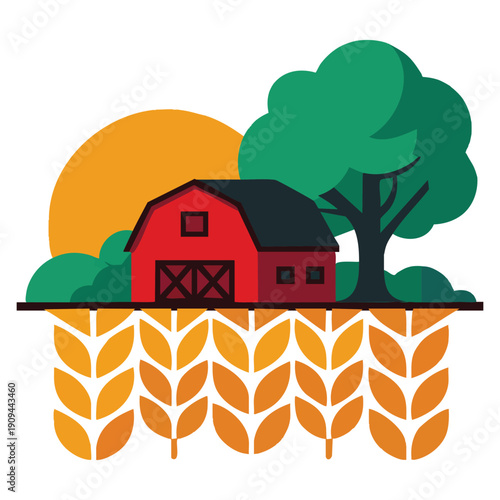 Simple countryside vector illustration featuring barn tree and wheat expressing rural agriculture landscape concept for creative graphic design