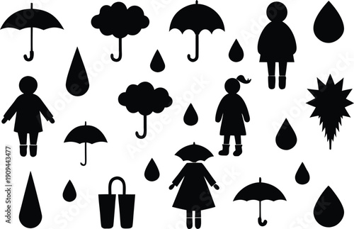 Black silhouettes of people with umbrellas and raindrops isolated on transparent background, Vector, illustration