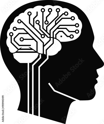 “Human head silhouette with circuit board brain symbolizing artificial intelligence, neural networks, technology, innovation, machine learning, and digital cognition”