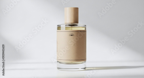 Perfume bottle isolated on a clean blue and white background showcasing a glass fragrance container for beauty and cosmetic use