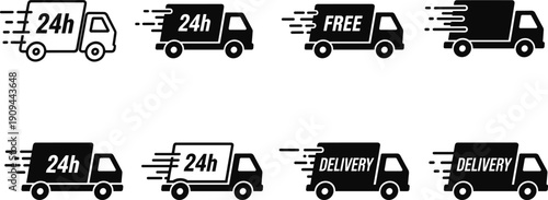 Fast delivery truck icon set for 24h shipping and free freight service logistics concept black white cad drawing flat vector illustration,