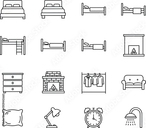 Bedroom and home furniture line icons set featuring beds bunk fireplace sofa lighting decor symbols outline vector illustration