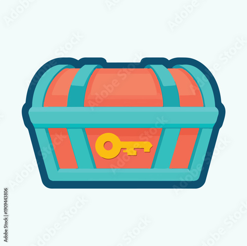 Brightly colored cartoon treasure chest featuring a prominent golden key icon locked on the front surface representing hidden wealth and adventure potential