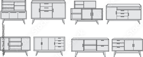 Collection of eight line of mid century modern style credenzas and sideboards with drawers and doors