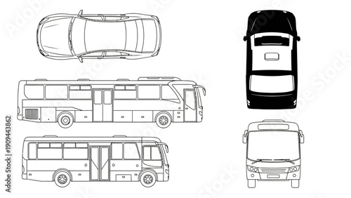 bus and car top view, transportation vehicles