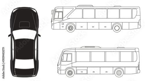 bus and car top view, side view, vehicle transportation