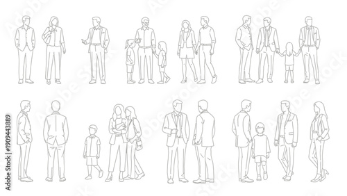 people silhouettes line art, various poses, family and friends