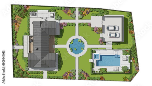 luxury home aerial view, garden design, swimming pool, garage, landscape