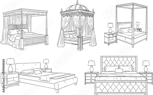Collection of five detailed line of various beds and nightstands line furniture bedroom interior canopy bed